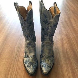 Distress Fluorescent Blue Tribal Embroidered Boot